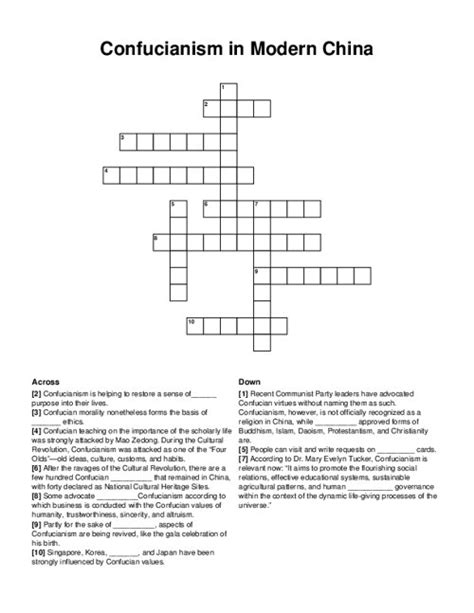 The Crossword Solver found 30 answers to "path of Confucian", 15 letters crossword clue. . Confucian principle crossword clue